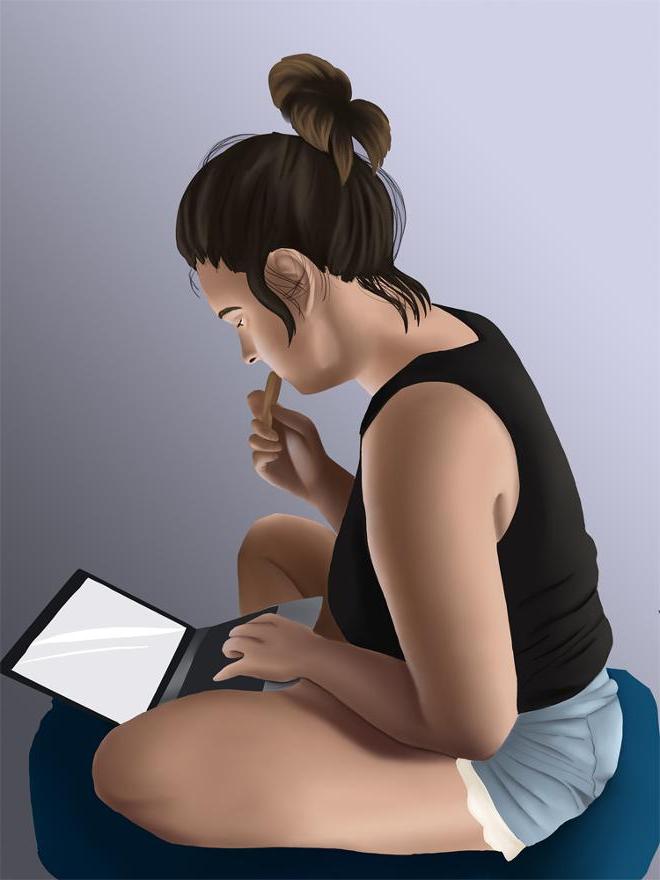 Girl sitting with her computer,while eating. 