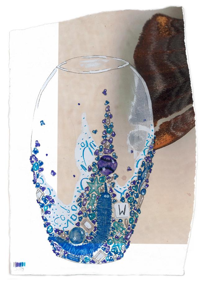 An illustration of a glass vase adorned with children's toys and tiny flowers in a drip-like pattern all in a bright blue. 