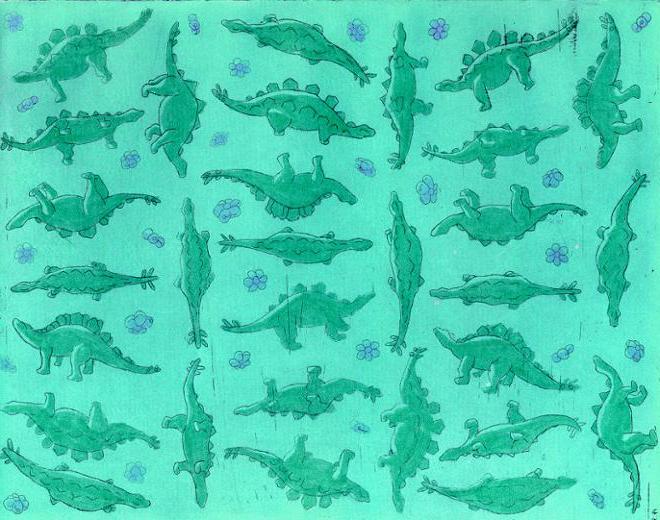 A minty green 打印 of plastic dinosaurs and flower-shaped beads in a sketchy pattern. 