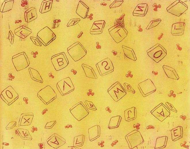A vibrant yellow 打印 of scrabble pieces and three-pronged beads in a sketchy pattern. 