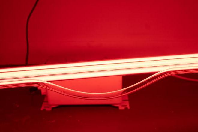 Detail of the slightly bent tube in Red, Red, Red, Clear. 